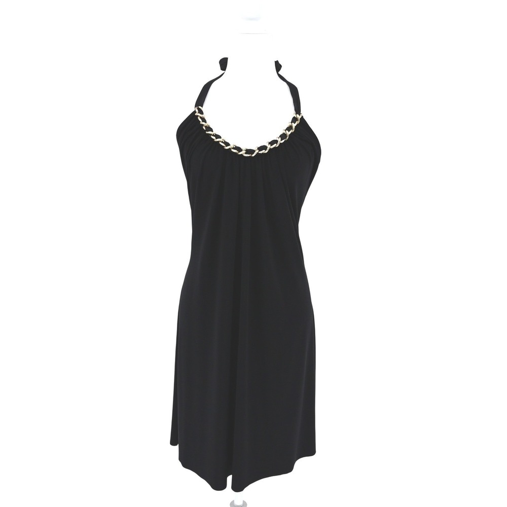 Y2K Vintage Cache Black Halter Neck Gold Chain Detail Ruched Midi Dress USA